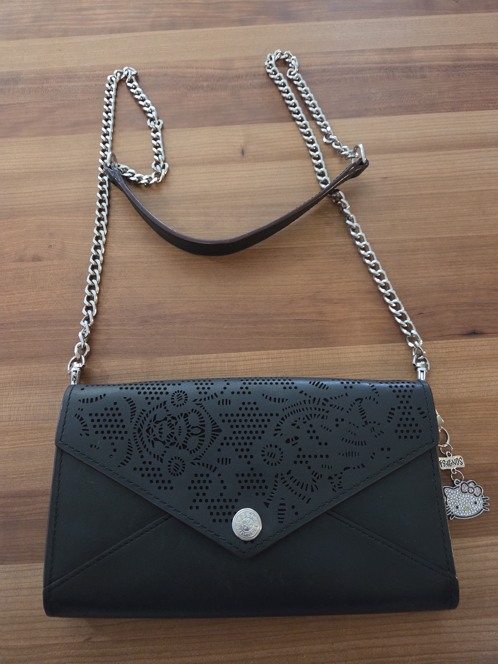 Rebecca Minkoff Black Laser-Cut Envelope Crossbody Bag with Silver Chain Strap
